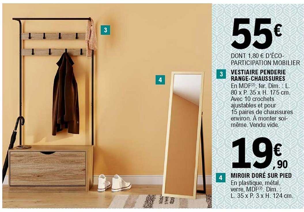 Vestiaire Penderie Range-chaussures, Miroir Doré Sur Pied