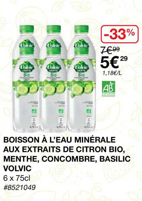 boisson à l'eau minérale aux extraits de citron bio, menthe, concombre, basilic volvic