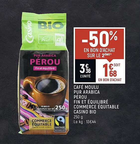 café moulu pur arabica pérou fin et équilibré commerce équitable casino bio