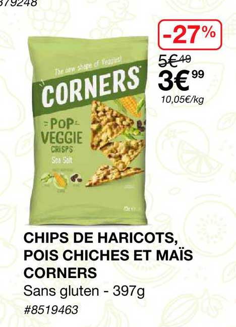 chips de haricots, pois chiches et maïs corners