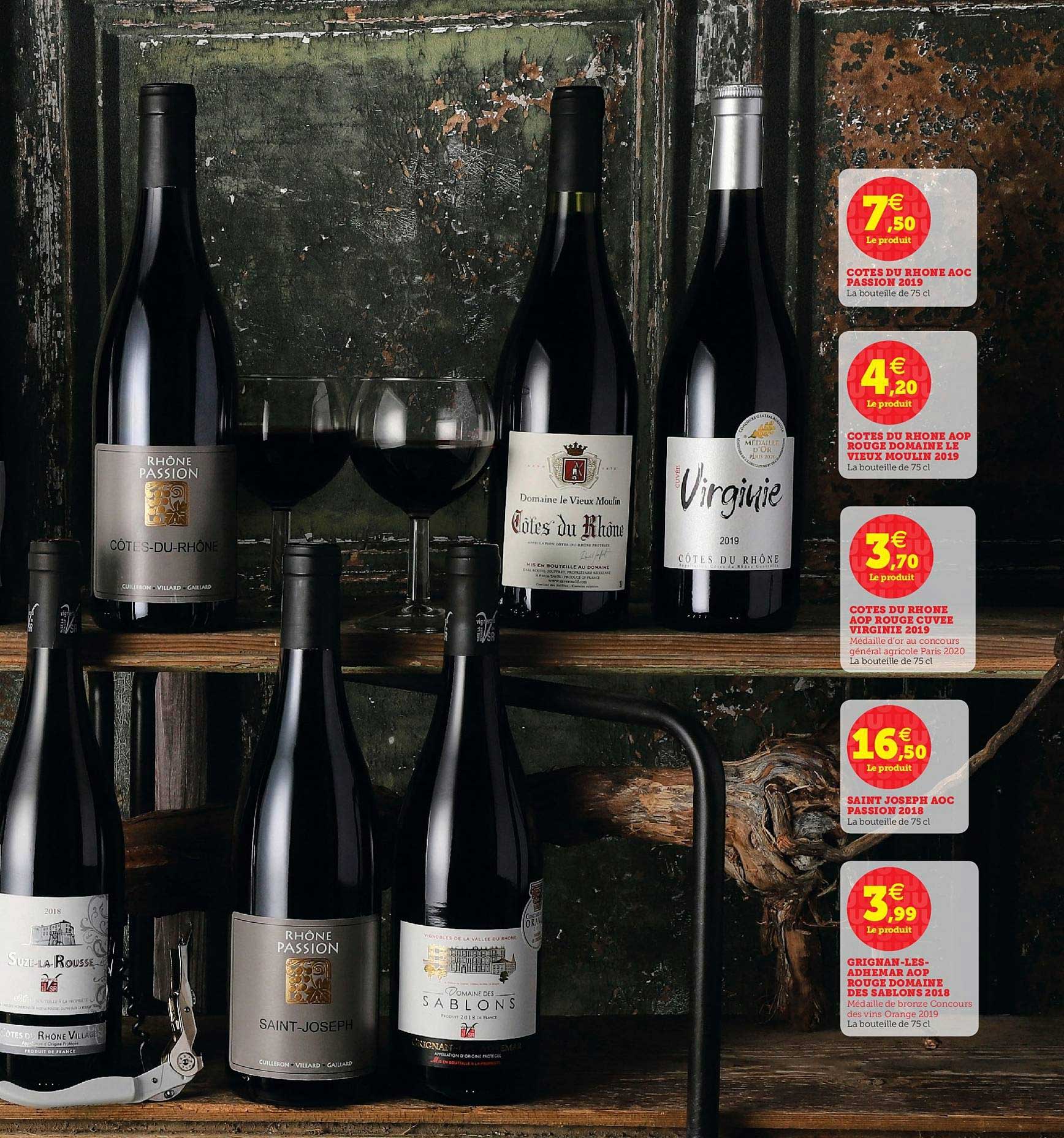 côte du rhône aoc passion 2019, côte du rhône aop rouge domaine le vieux moulin 2019, côte du rhône aop rouge cuvée virginie 2019, saint joseph aoc passion 2018, grignan-les-adhemard rouge domaine des sablons 2018