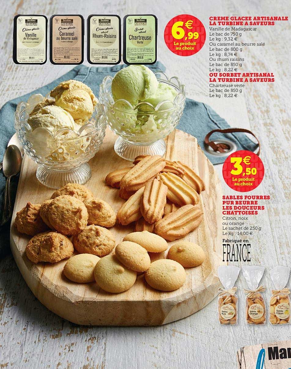 crème glacée artisanale la turbine à saveurs, ou sorbet artisanal la turbine à saveurs, sablés fourrés pur beurre les douceurs chattoises
