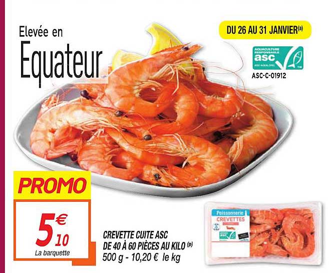 crevette cuite asc de 40 à 60 pièces au kilo