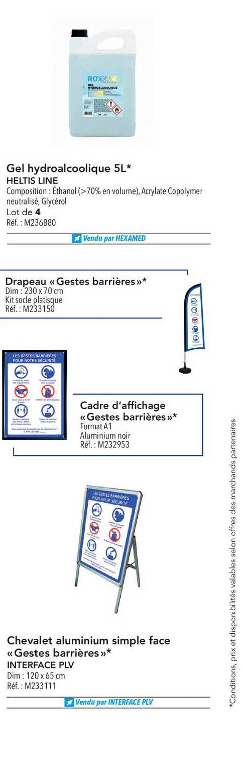 gel hydroalcoolique 5 l heltis line, drapeau "gestes barrières", cadre d'affichage, chevalet aluminium simple face "gestes barrières"