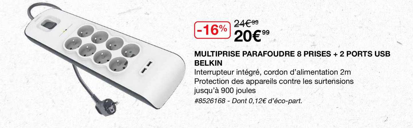 multiprise parafoudre 8 prises + 2 ports usb belkin