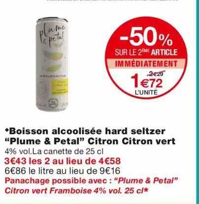 boisson alcoolisée hard seltzer "plume & pétal" citron citron vert