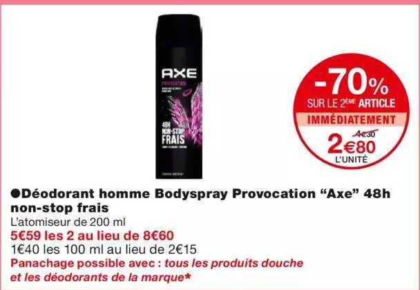 déodorant homme bodyspray provocation "axe" 48h non-stop frais