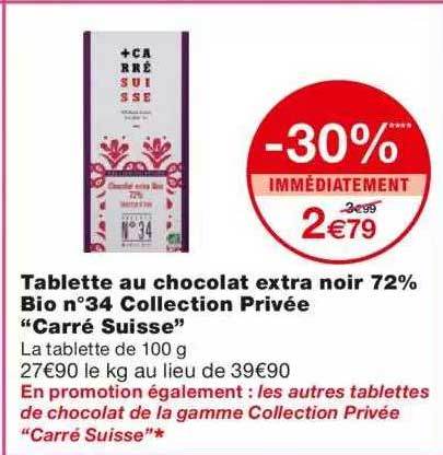 tablette au chocolat extra noir 72% bio n°34 collection privée "carré suisse"