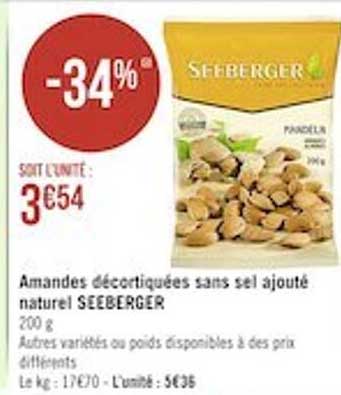 amandes décortiquées sans sel ajouté naturel seeberger
