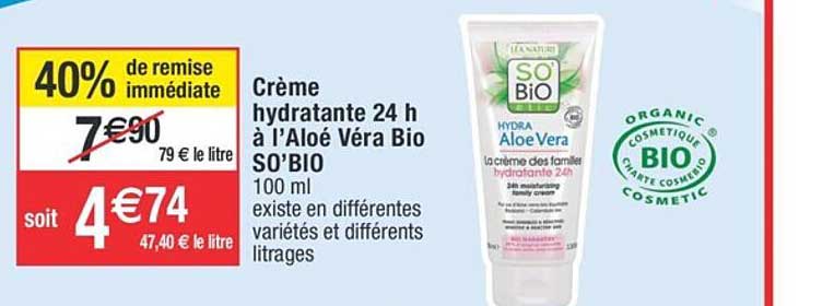 Crème Hydratante 24 H à L'aloé Véra Bio So'bio