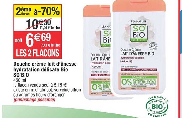 douche crème lait d'ânesse hydratation délicate bio so'bio