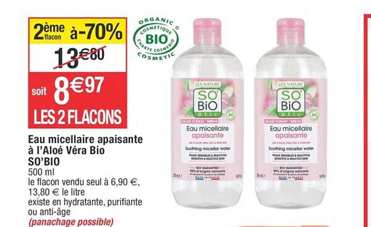 eau micellaire apaisante à l'aloé véra bio so'bio