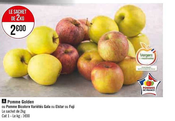pomme golden ou pomme bicolore gala ou elstar ou fuji