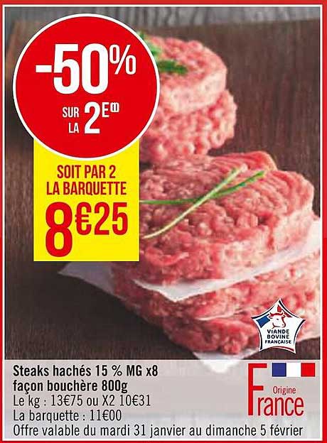 steaks hachés 15% mg x8 façon bouchère 800g