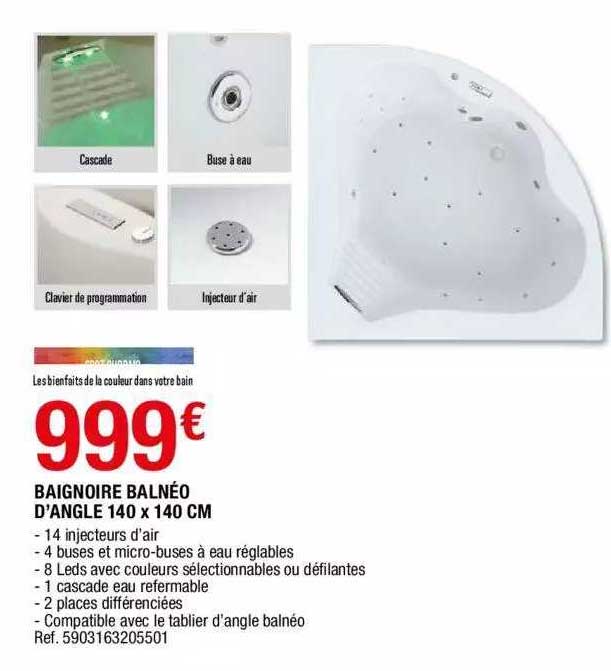 baignoire balnéo d'angle 140 x 140 cm