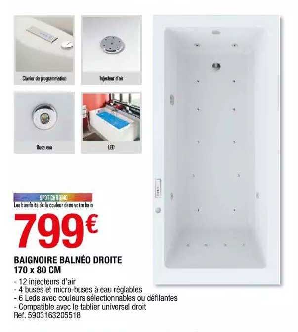 baignoire balnéo droite 170 x 80 cm