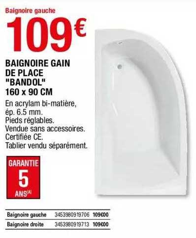 baignoire gain de place "bandol" 160 x 90 cm