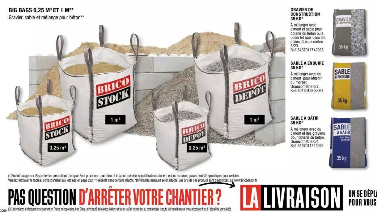 Big Bags 0,25 M3 Et 1 M3, Gravier De Construction 35 Kg, Sable à Enduire 35 Kg, Sable à Bâtir 35 Kg