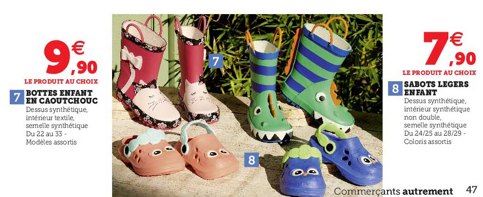 bottes enfant en caoutchouc, sabots légers enfant