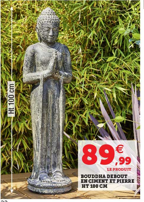 bouddha debout en ciment et pierre ht 100 cm