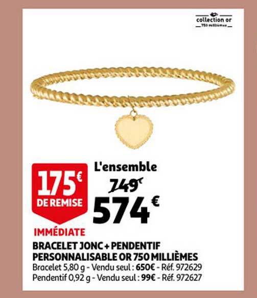 bracelet jonc + pendentif personnalisable or 750 millièmes
