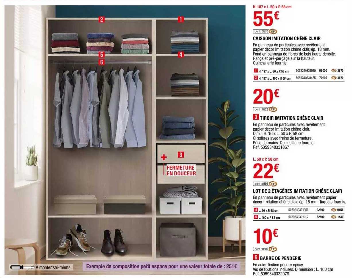 Caisson Imitation Chêne Clair, Tiroir Imitation Chêne Clair, Lot De 2 étagères Imitation Chêne Clair, Barre De Penderie