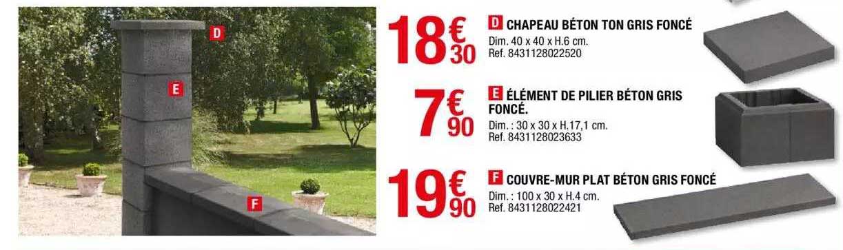 chapeau béton ton gris foncé , élément de pilier béton gris foncé, couvre-mur plat béton gris foncé