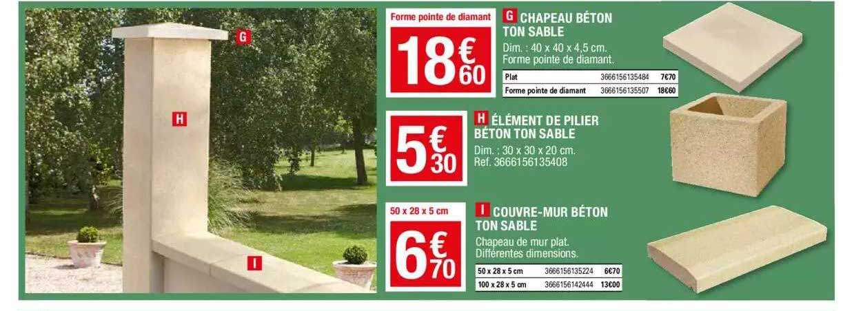 chapeau béton ton sable, élément de pilier béton ton sable, couvre-mur béton ton sable