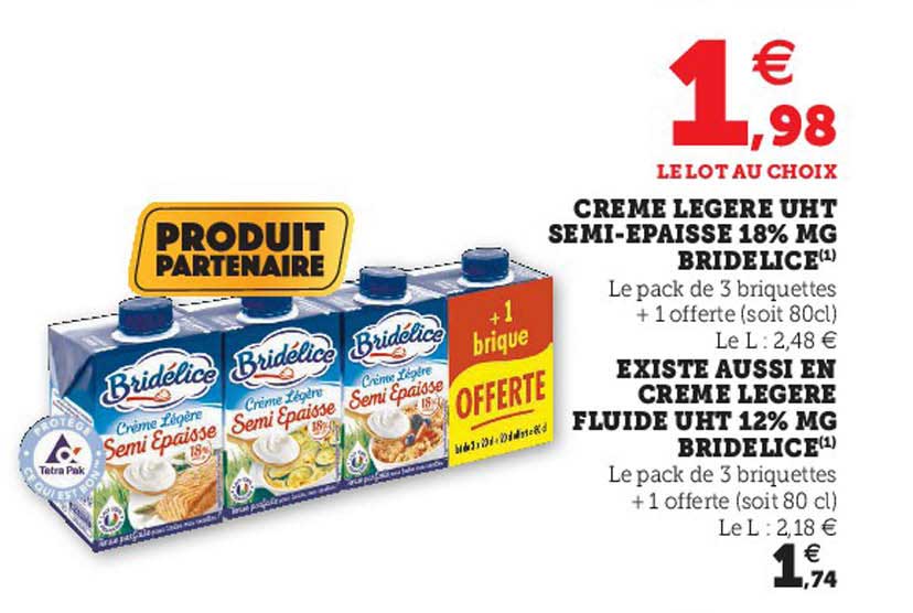 crème légère uht semi-épaisse 18% mg bridélice, crème légère fluide uht 12% mg bridélice