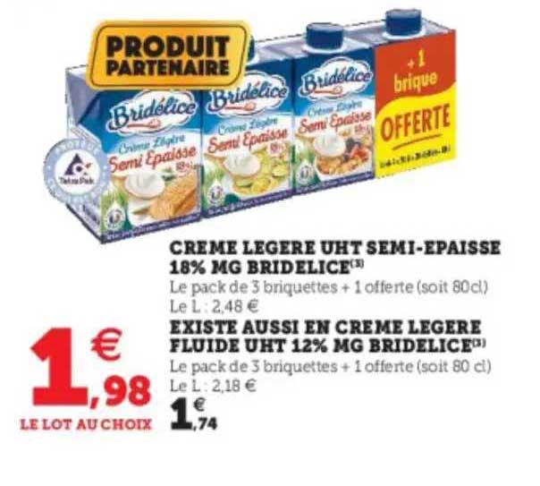 crème légère uht semi-épaisse 18% mg bridélice, crème légère fluide uht 12% mg bridélice