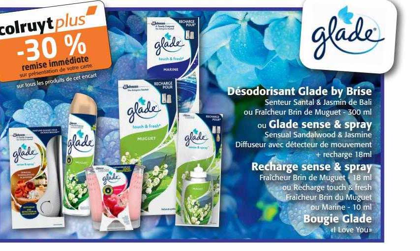 désodorisant glade by brise ou glade sense & spray, recharge sense & spray, bougie glade