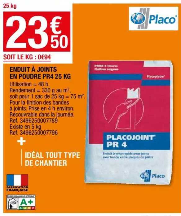 enduit à joints en poudre pr4 25 kg placo