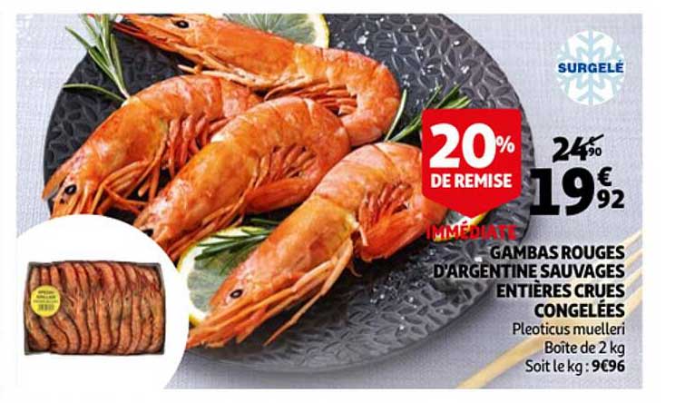 gambas rouges d'argentine sauvages entirèes crues congelées