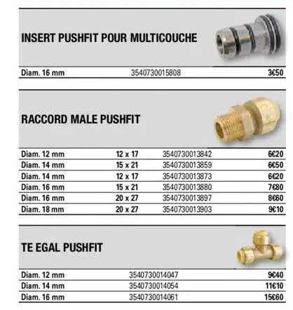 insert pushfit pour multicouche, raccord mâle pushfit, té étal pushfit