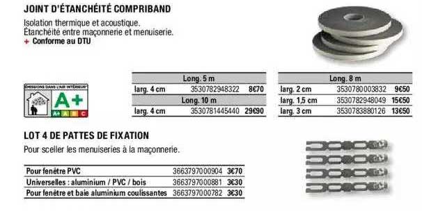 joint d'étanchéité compriband, lot 4 de pattes de fixation