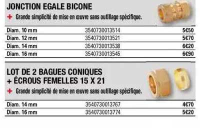 jonction égale bicône, lot de 2 bagues coniques + écrous femelles 15 x 21