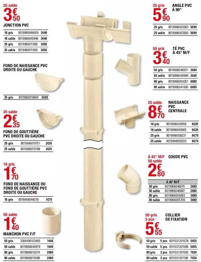 jonction pvc, fond de naissance pvc droite ou gauche, fond de gouttière pvc droite ou gauche, fond de naissance du fond de gouttière pvc droite ou gauche, manchon pvc f-f, angle pvc à 90°, té pvc