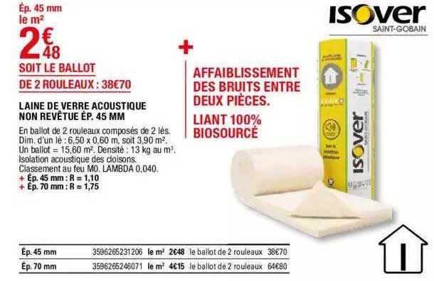 laine de verre acoustique non revêtue ép. 45 mm isover