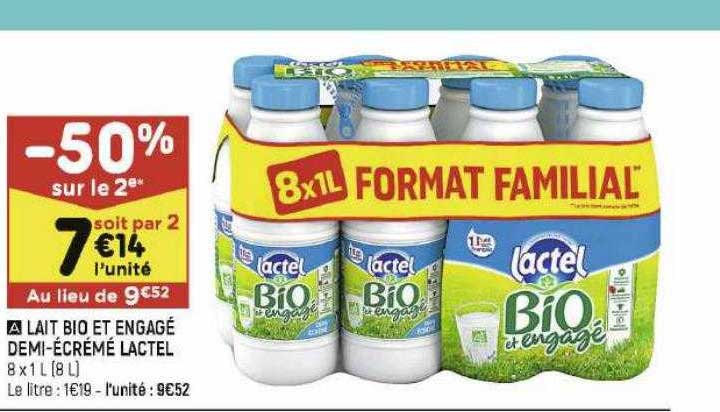 lait bio et engagé demi-écrémé lactel