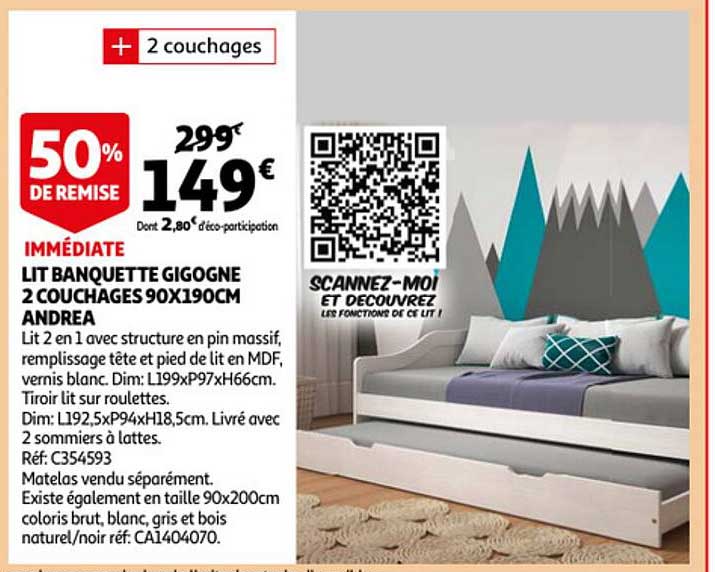 lit banquette gigogne 2 couchages 90 x 190 cm andrea