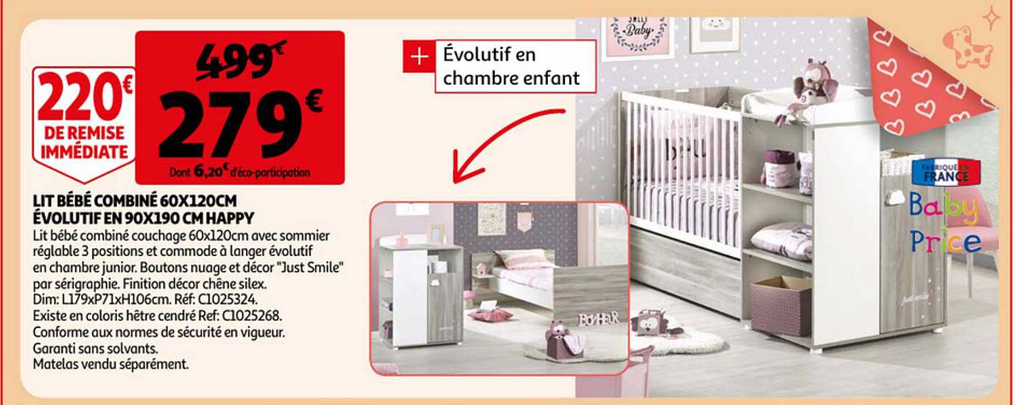 Lit Bébé Combiné 60 X 120 Cm évolutif En 90 X 190 Cm Happy