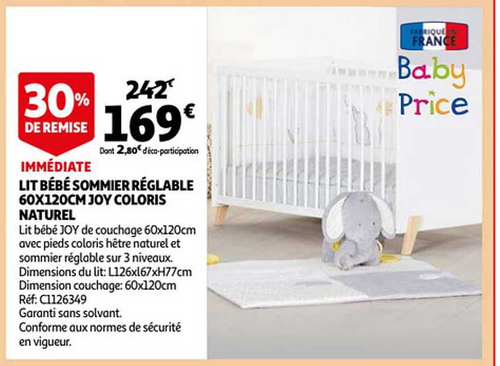 lit bébé sommier réglable 60 x 120 cm joy coloris naturel