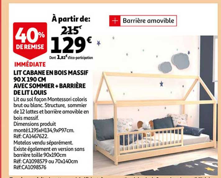 Lit Cabane En Bois Massif 90 X 190 Cm Avec Sommier + Barrière De Lit Louis