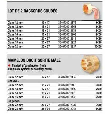 lot de 2 raccords coudés, mamelon droit sortie mâle
