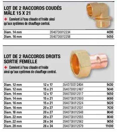 lot de 2 raccords coudés mâle 15 x 21, lot de 2 raccords droits sortie femelle