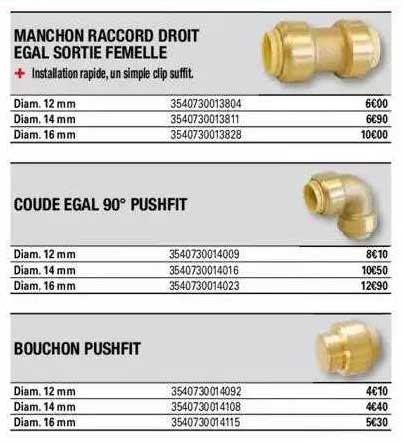 manchon raccord droit égal sortie femelle, coude égal 90° pushfit, bouchon pushfit