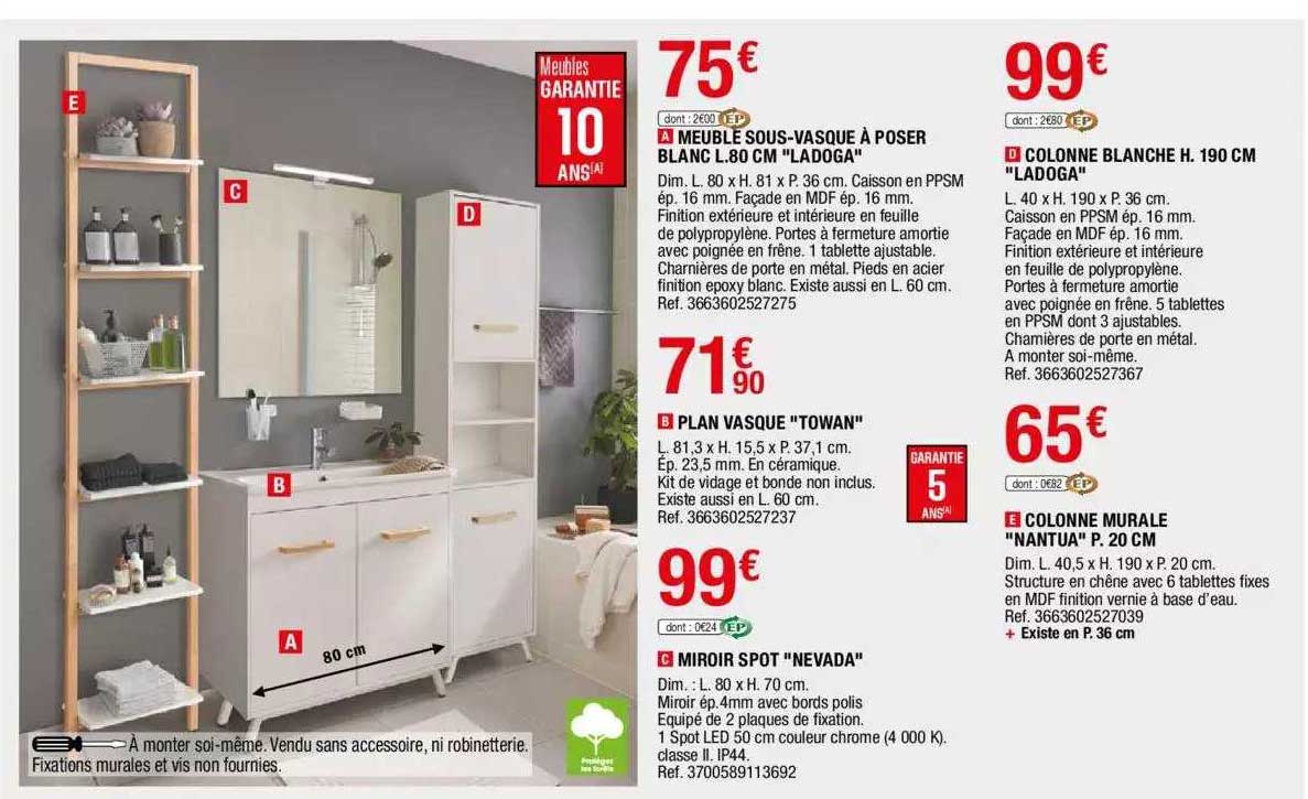 meuble sous-vasque à poser blanc l. 80 cm "ladoga" , colonne blanche h. 190 cm, plan vasque "towan", miroir spot "nevada", colonne murale "nantua" p. 20 cm