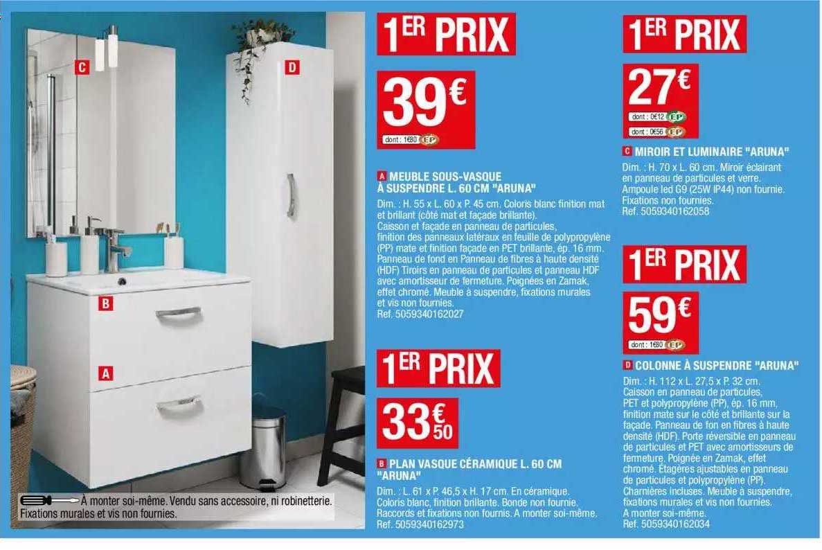 meuble sous-vasque à suspendre l. 60 cm "aruna", plan vasque céramique l. 60 cm "aruna", miroir et luminaire "aruna", colonne à suspendre "aruna"