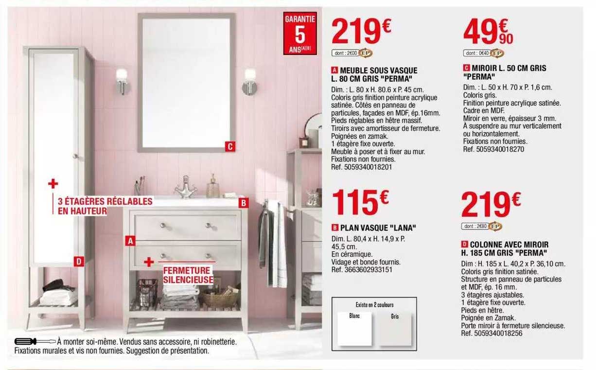 meule sous vasque l. 80 cm gris "perma", plan vasque "lana", miroir l.L 50 cm gris "perma", colonne avec miroir h. 185 cm gris "perma"