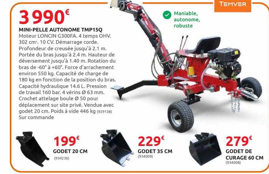 mini-pelle autonome tmp15q godet 20 cm godet 35 cm godet de curage 60 cm